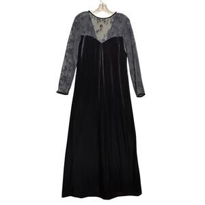 Vtg Y2K Black Velvet Maxi Dress Mesh Bodice Sleeve Whimsigoth Y2K Vampire Floral